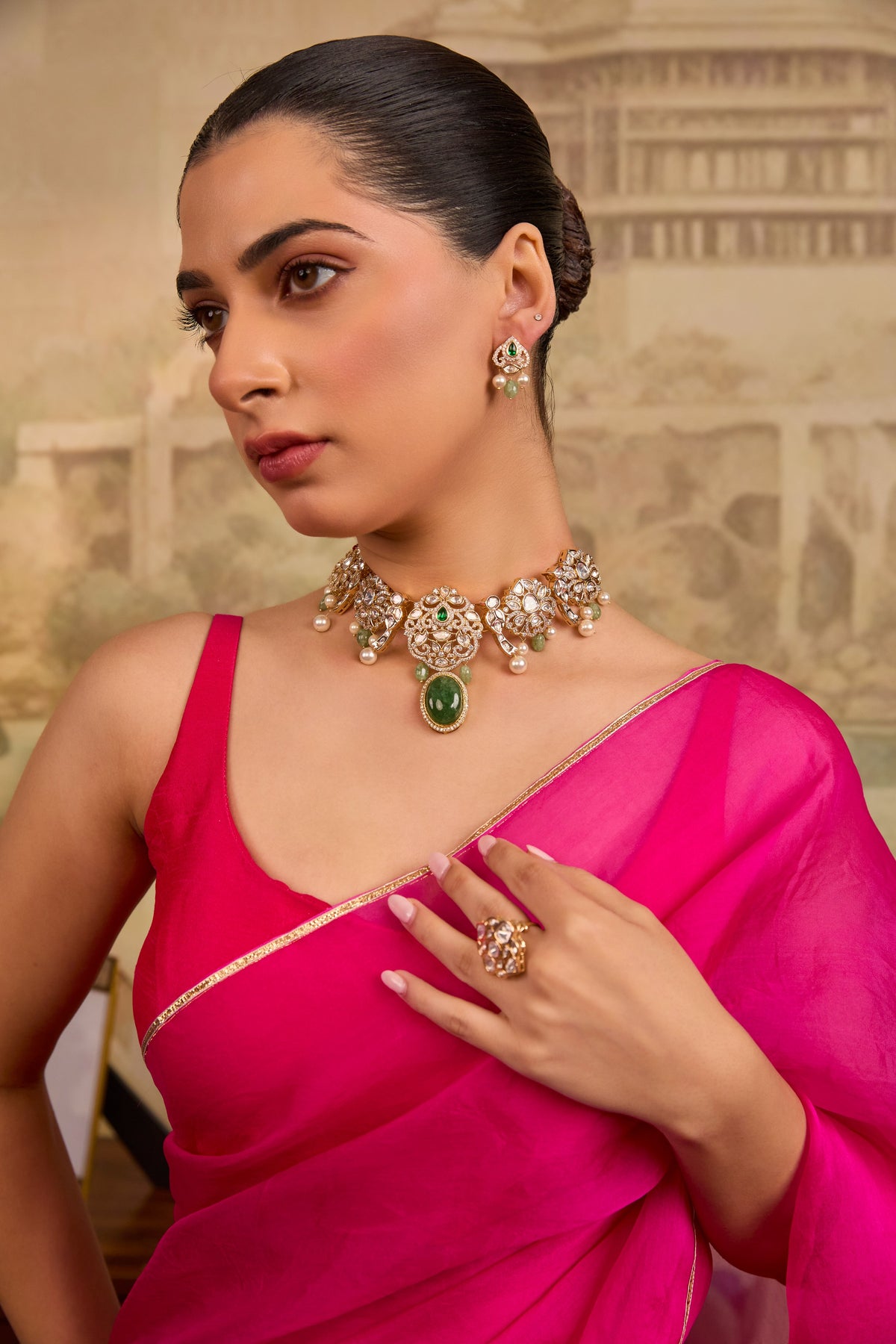 Xago Elegant Green Stone & Pearl Kundan-Style Choker Necklace Set