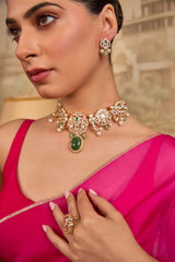 Xago Elegant Green Stone & Pearl Kundan-Style Choker Necklace Set