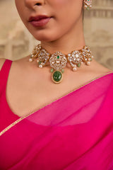 Xago Elegant Green Stone & Pearl Kundan-Style Choker Necklace Set