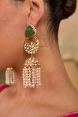 Xago Contemporary Gold-Plated Chandbali Jhumka Earrings with Coral green Inlays and Pearl Tassels