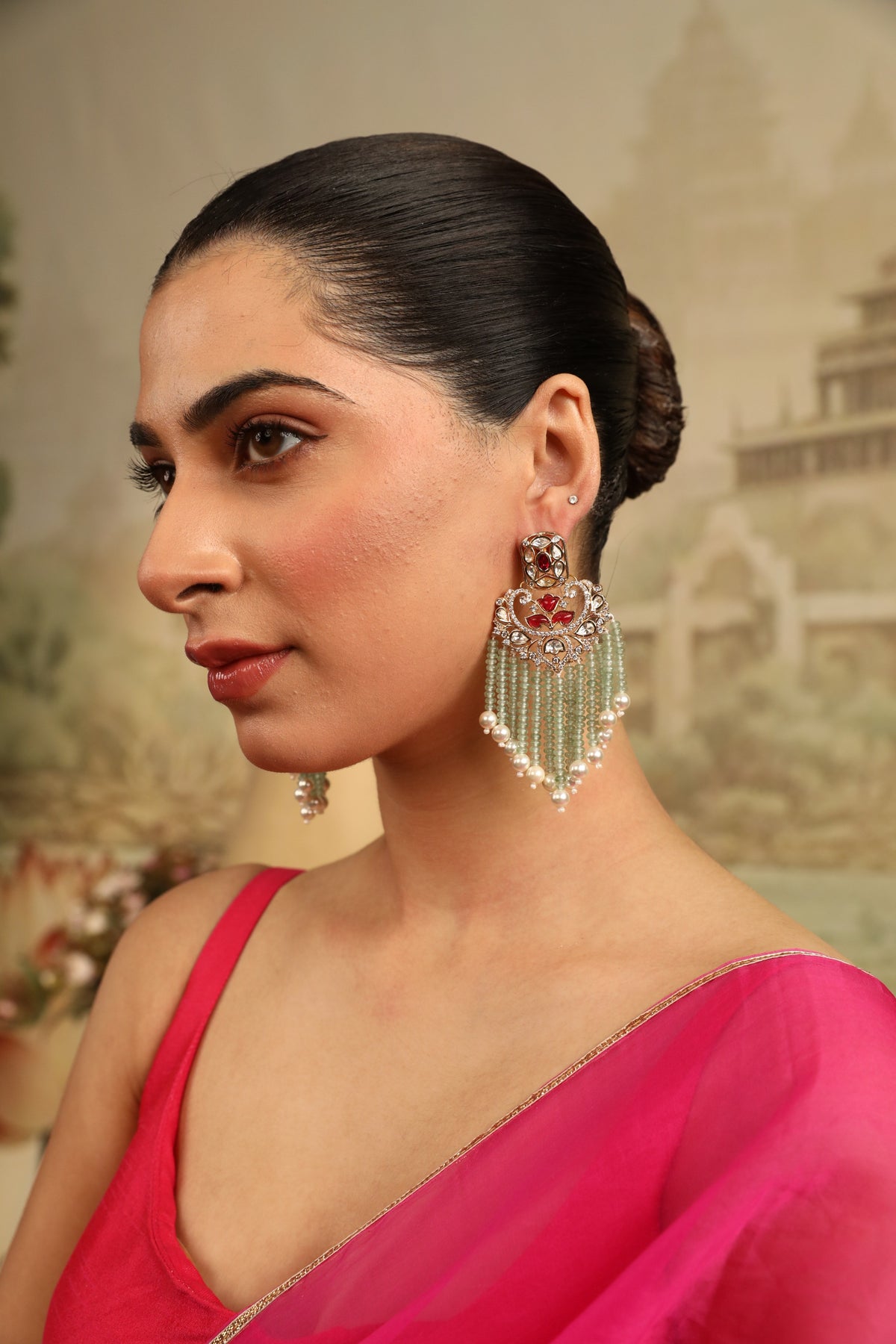 Xago Designer Polki Studs with Cascading Mint Beads