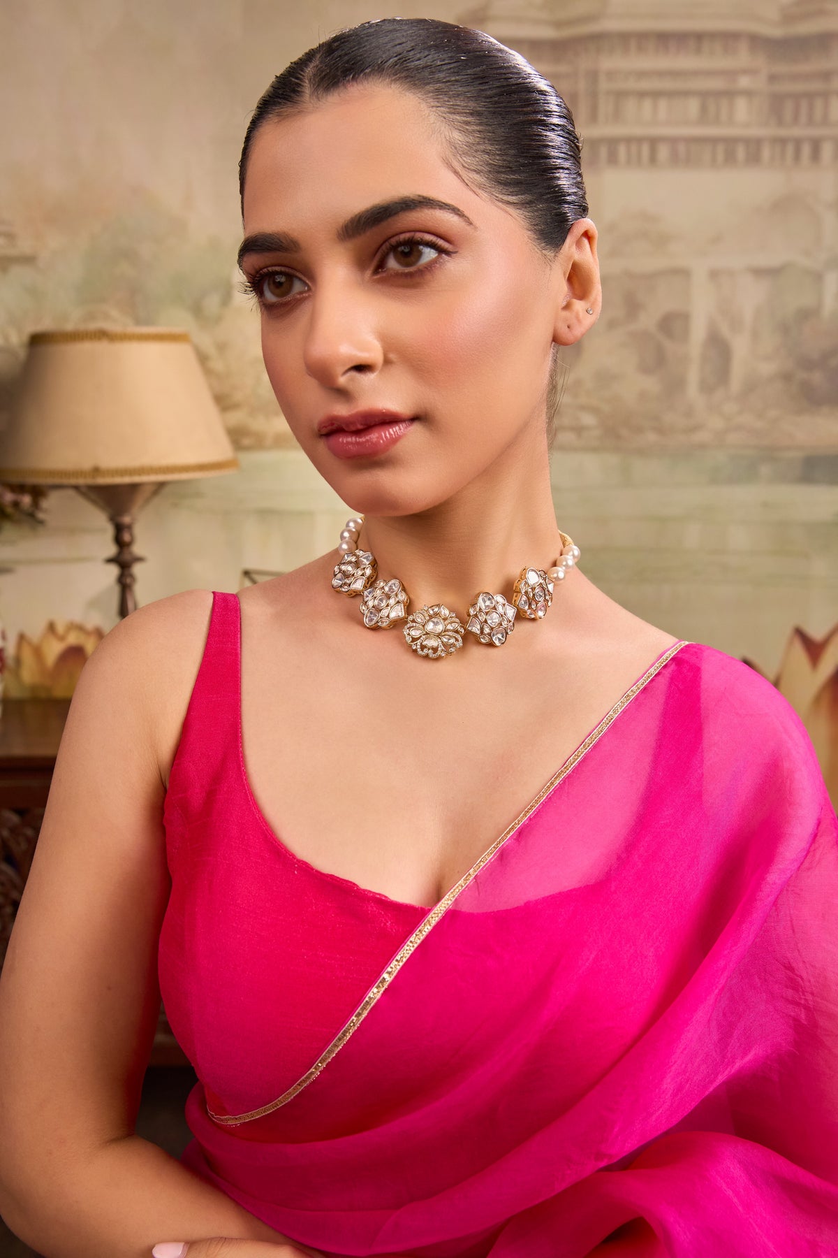Xago Elegant Crystal Flower Motif Pearl Strand Choker Necklace