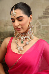 Xago Traditional Kundan Floral Maang Tikka with Green Beads