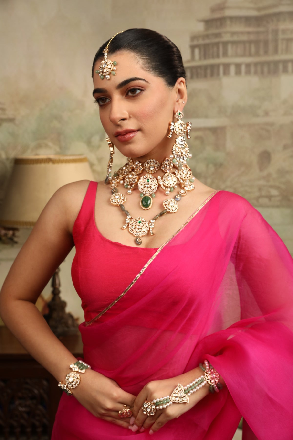 Xago Traditional Kundan Floral Maang Tikka with Green Beads