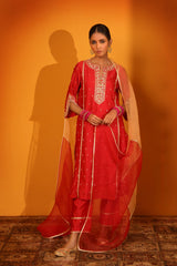 CHANDERI SILK ENGROSSING KURTA SET WITH PANTS AND DUPATTA