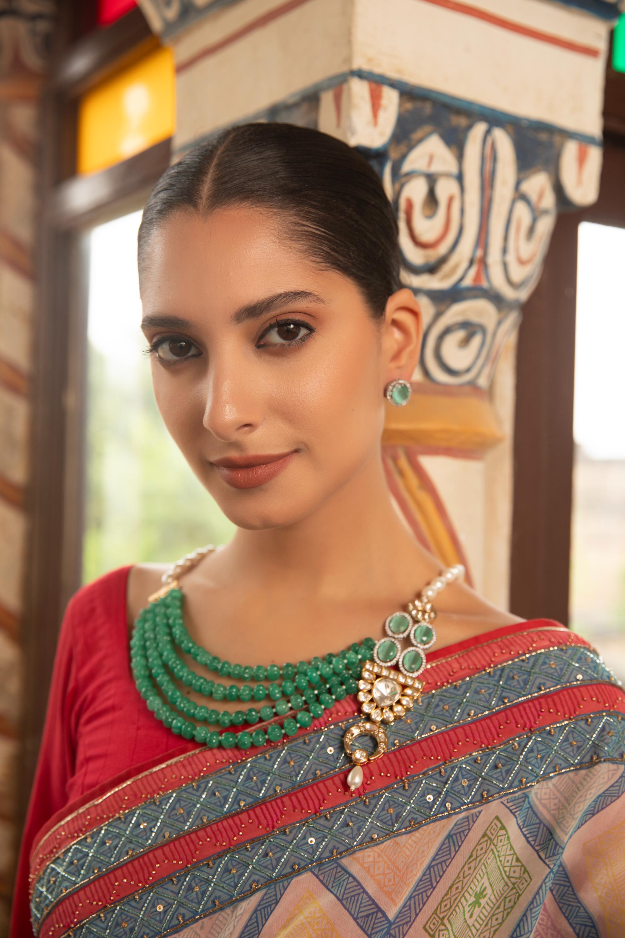 Xago Rang Mahal Haar Necklace Set with Green Beads & Polki Moissanite Pendant