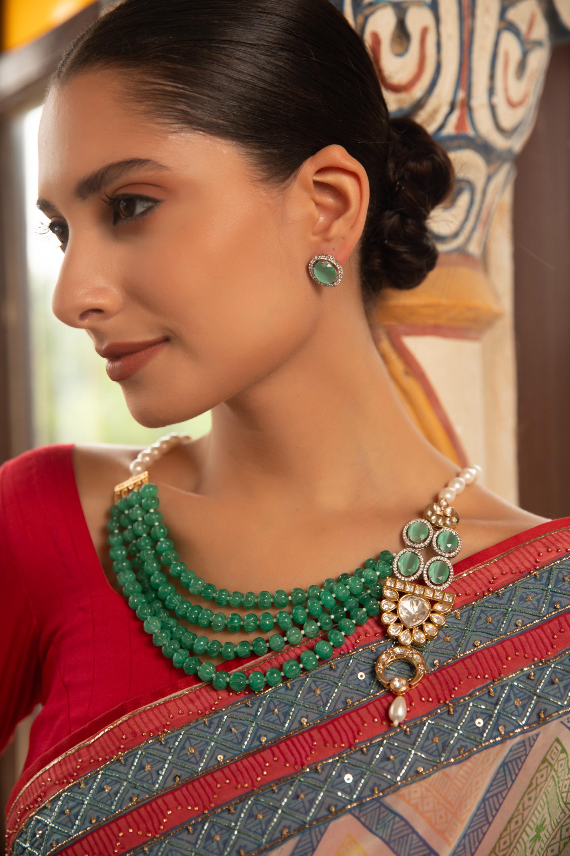 Xago Rang Mahal Haar Necklace Set with Green Beads & Polki Moissanite Pendant