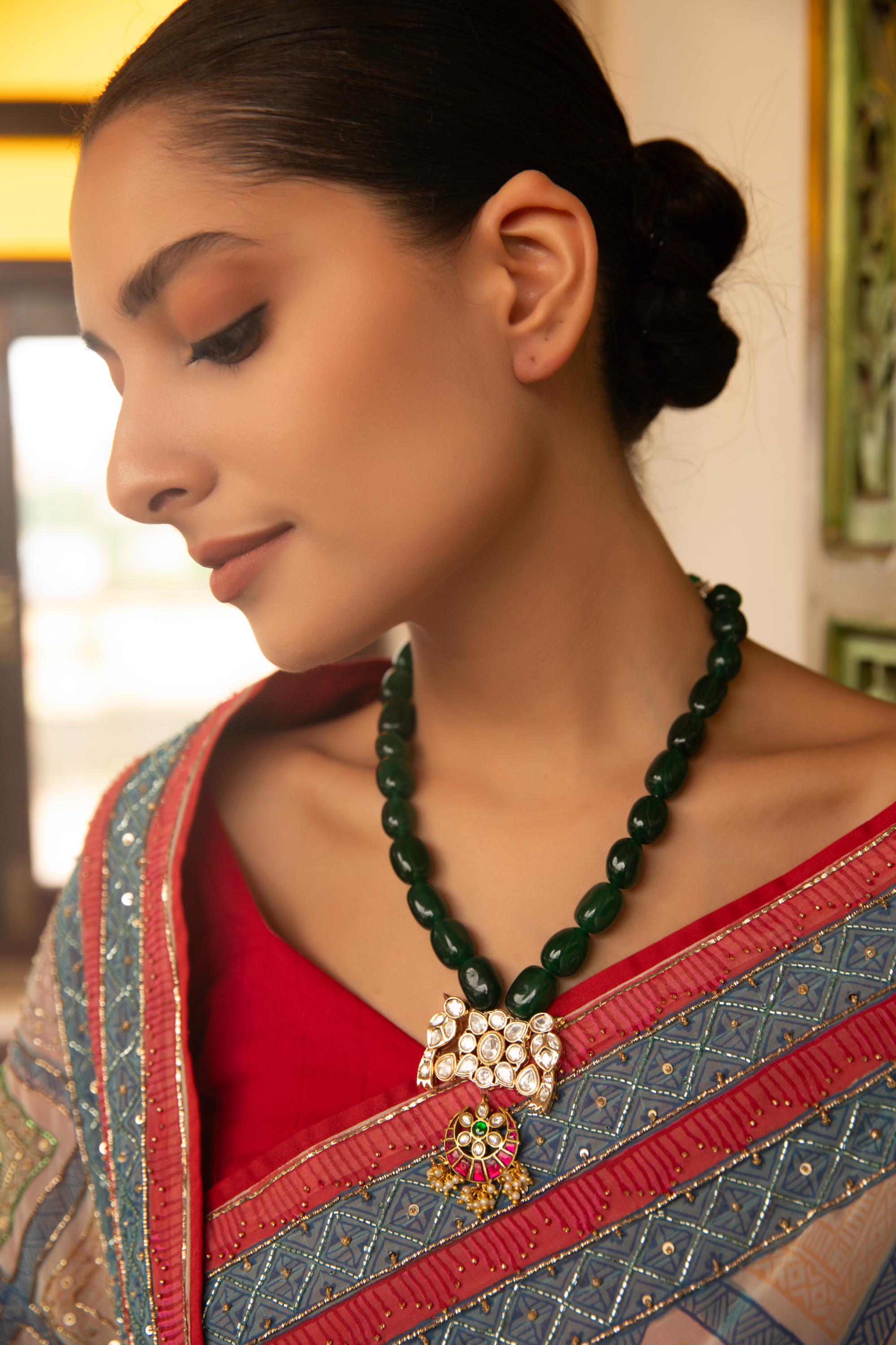 Xago Ranjhana Necklace Set with Green Beads & Polki Moissanite Pendant