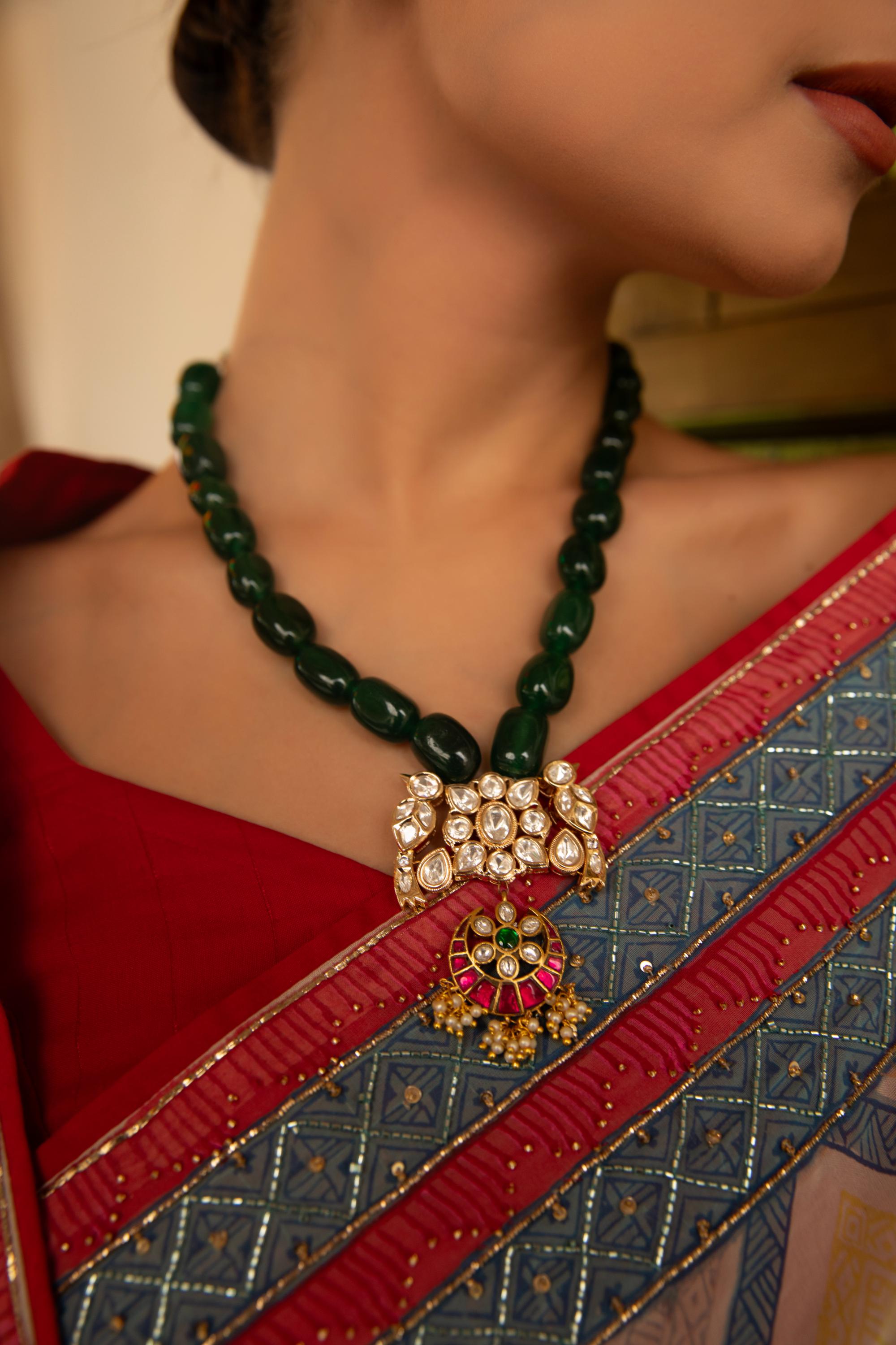 Xago Ranjhana Necklace Set with Green Beads & Polki Moissanite Pendant