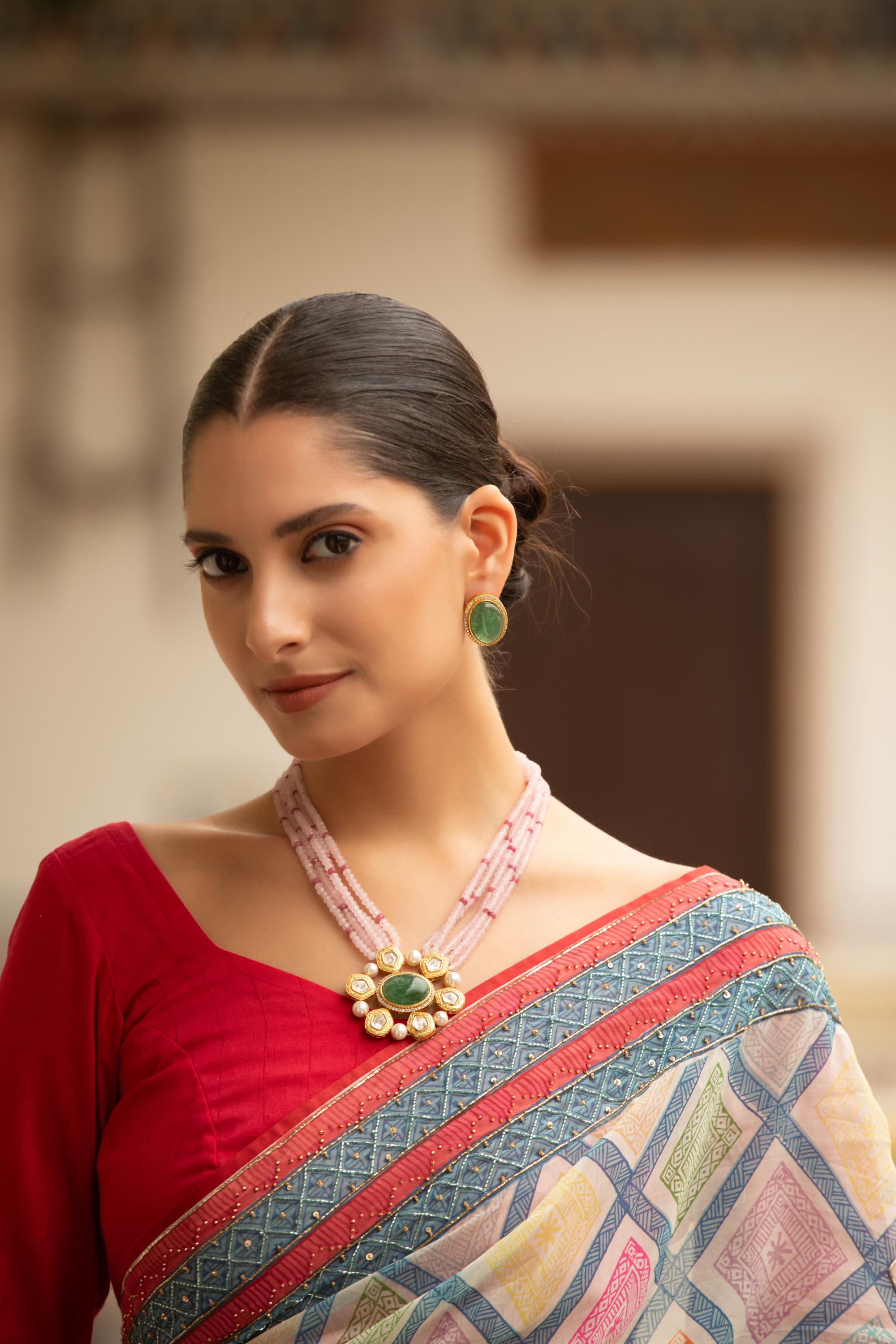 Mehrab Haar Necklace Set with Reddish-Pink Beads & Polki Moissanite Pendant
