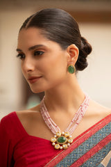 Mehrab Haar Necklace Set with Reddish-Pink Beads & Polki Moissanite Pendant