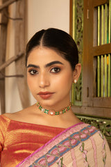 Gulab Gharana Polki Moissanite Choker Necklace Set with Emerald & Ruby Accents