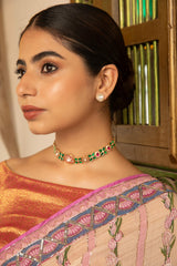 Gulab Gharana Polki Moissanite Choker Necklace Set with Emerald & Ruby Accents