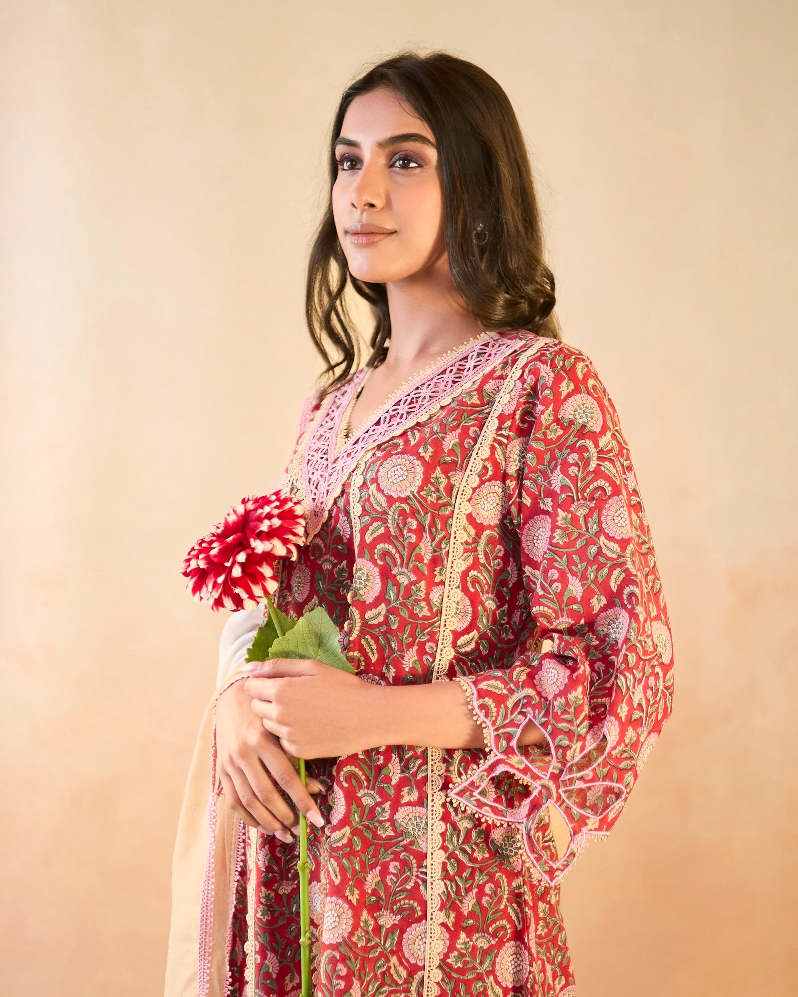 Rosy Chintz Cutwork Cotton Kurta with Wide Leg Pants