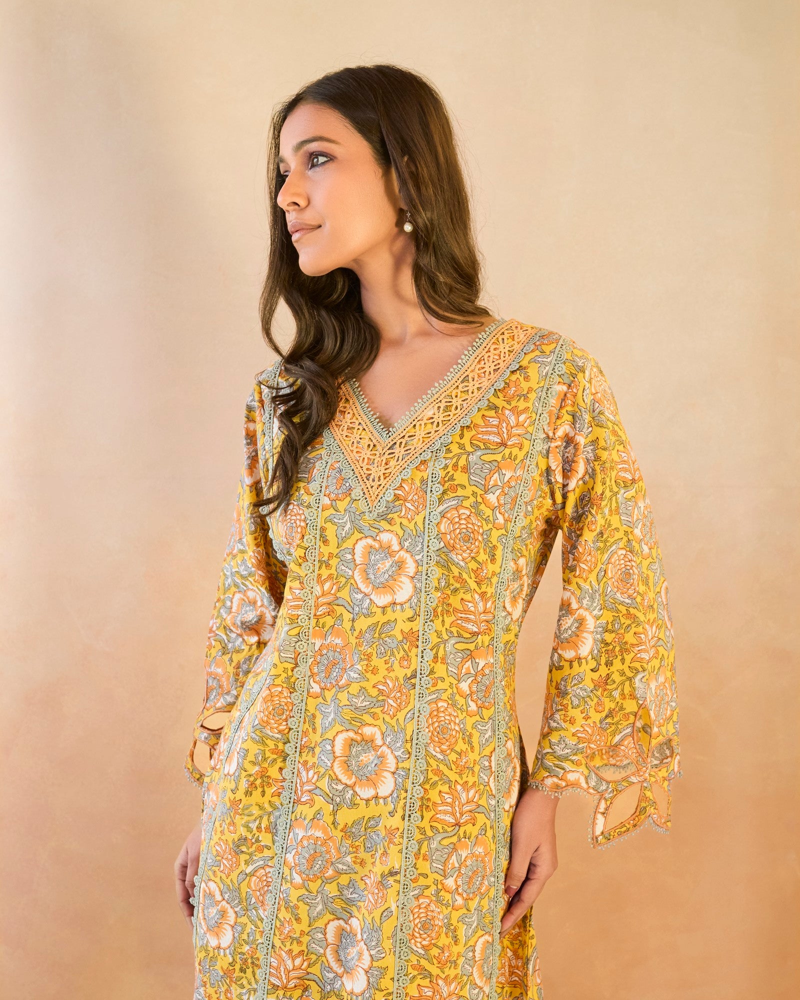 Sunflower Chintz Cutwork Cotton Kurta with Wide Leg Pants
