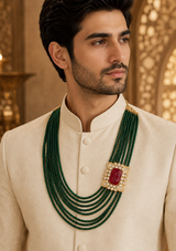 Layered Green Beaded Kundan Statement Mala