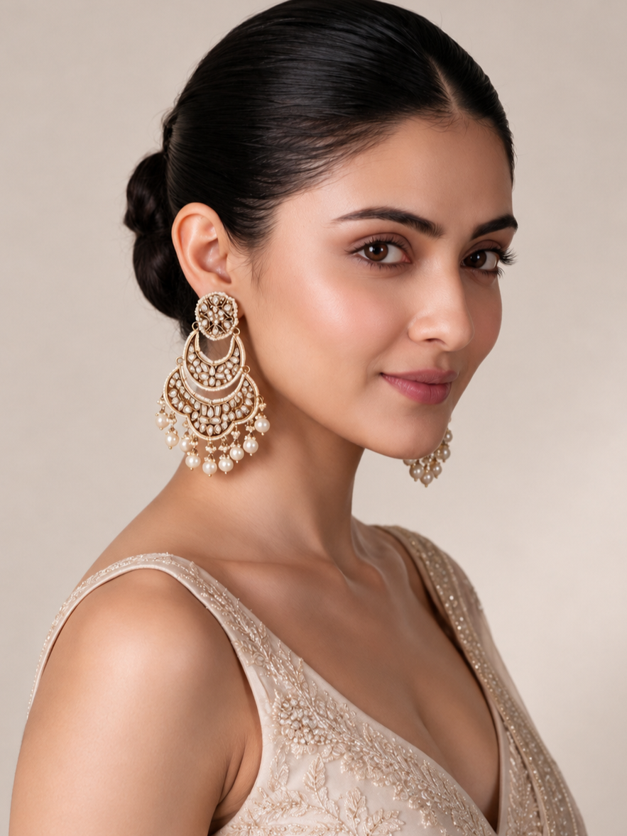 Pearl Kundan Layered Chandbali Earrings 58