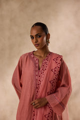 Peach chanderi heavy neckline resham embroidred kurta paired with organic cotton slip,pant & heavy border dupatta