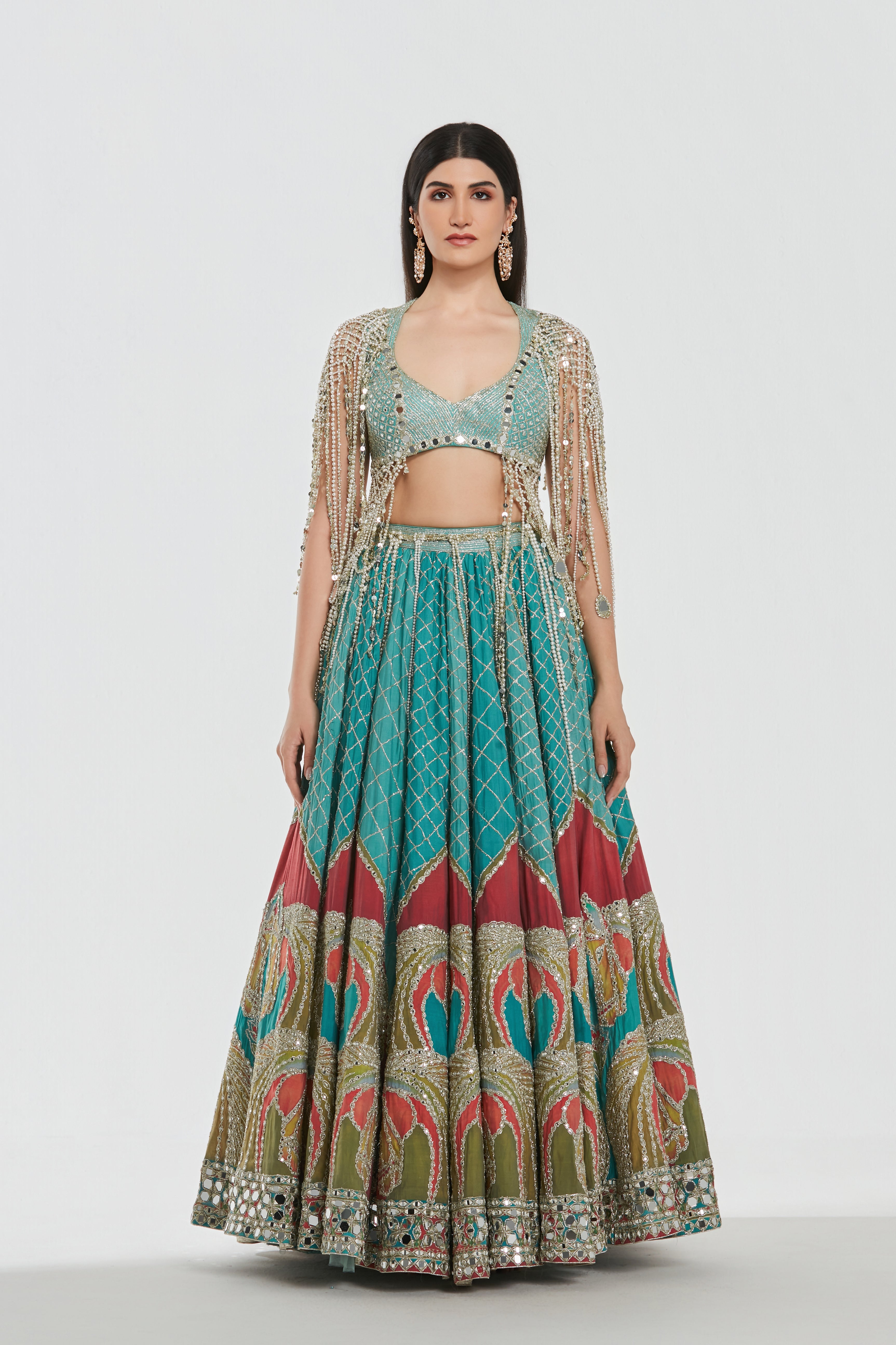 Mirror work , zari , sequins , pearl beads