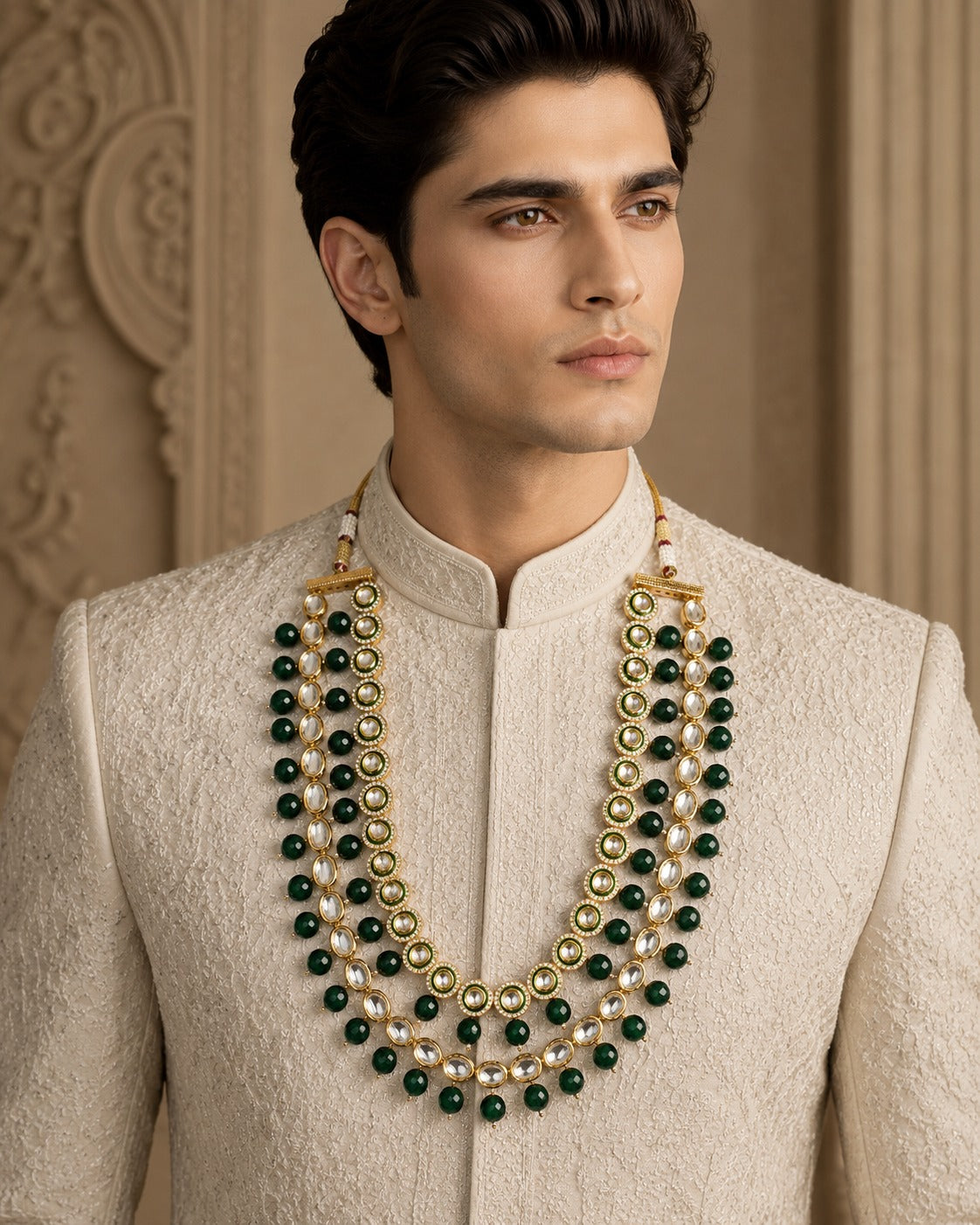 Gold Finish Kundan Polki & Green Beaded Layered mala