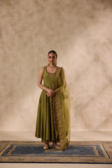 Mehendi green cotton silk  dori work and resham embroiderd anarkali paired with pant & organza heavy border dupatta