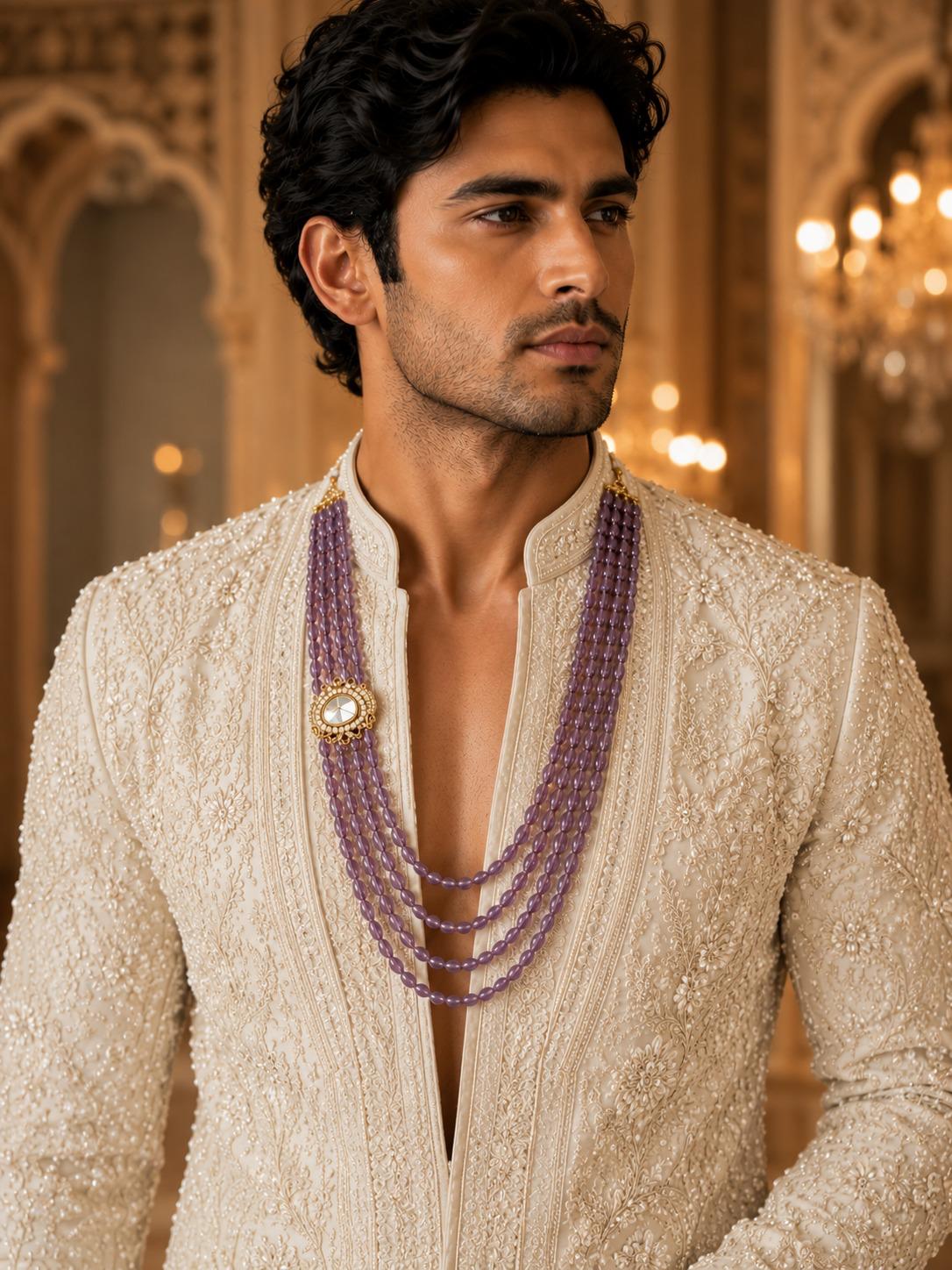 Four-Layered Purple Beaded Kundan Groom Mala
