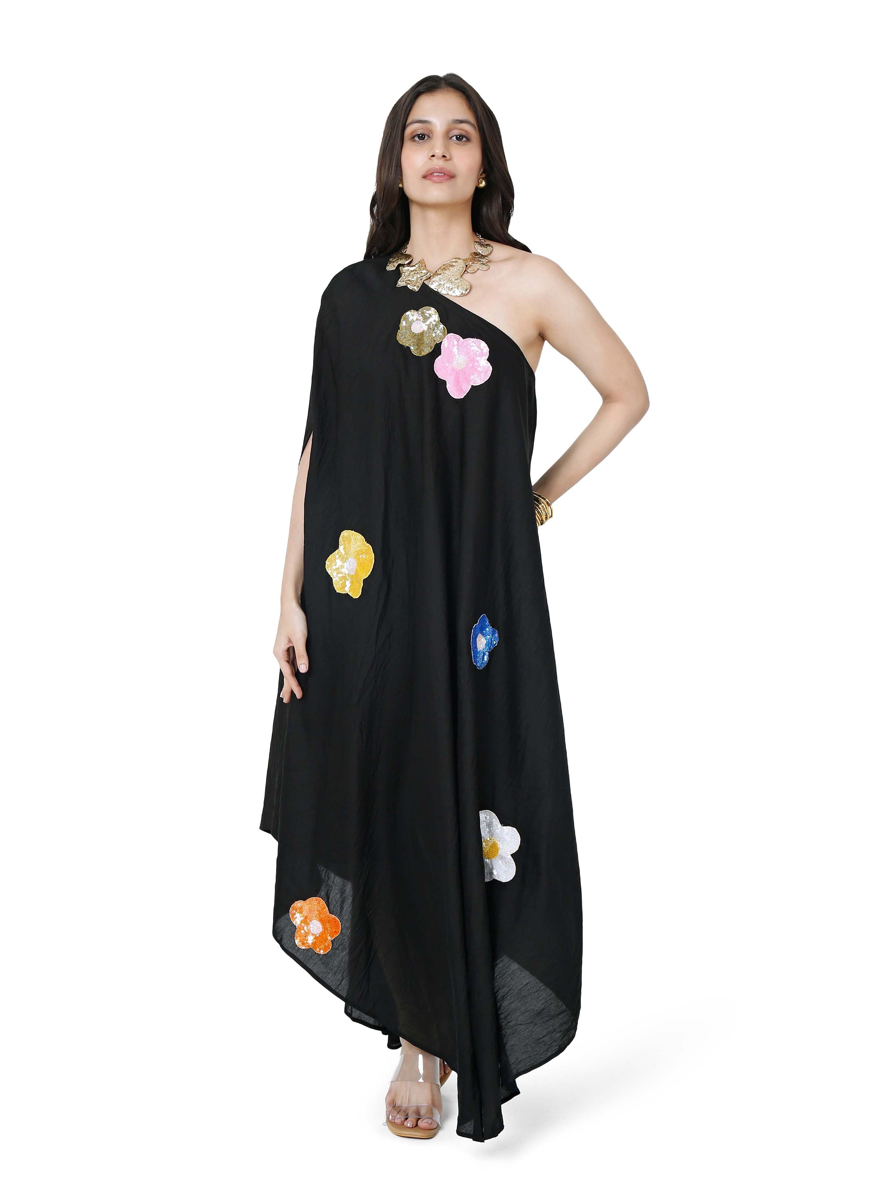 Midnight Blossom Dress – Embroidered Black Chanderi