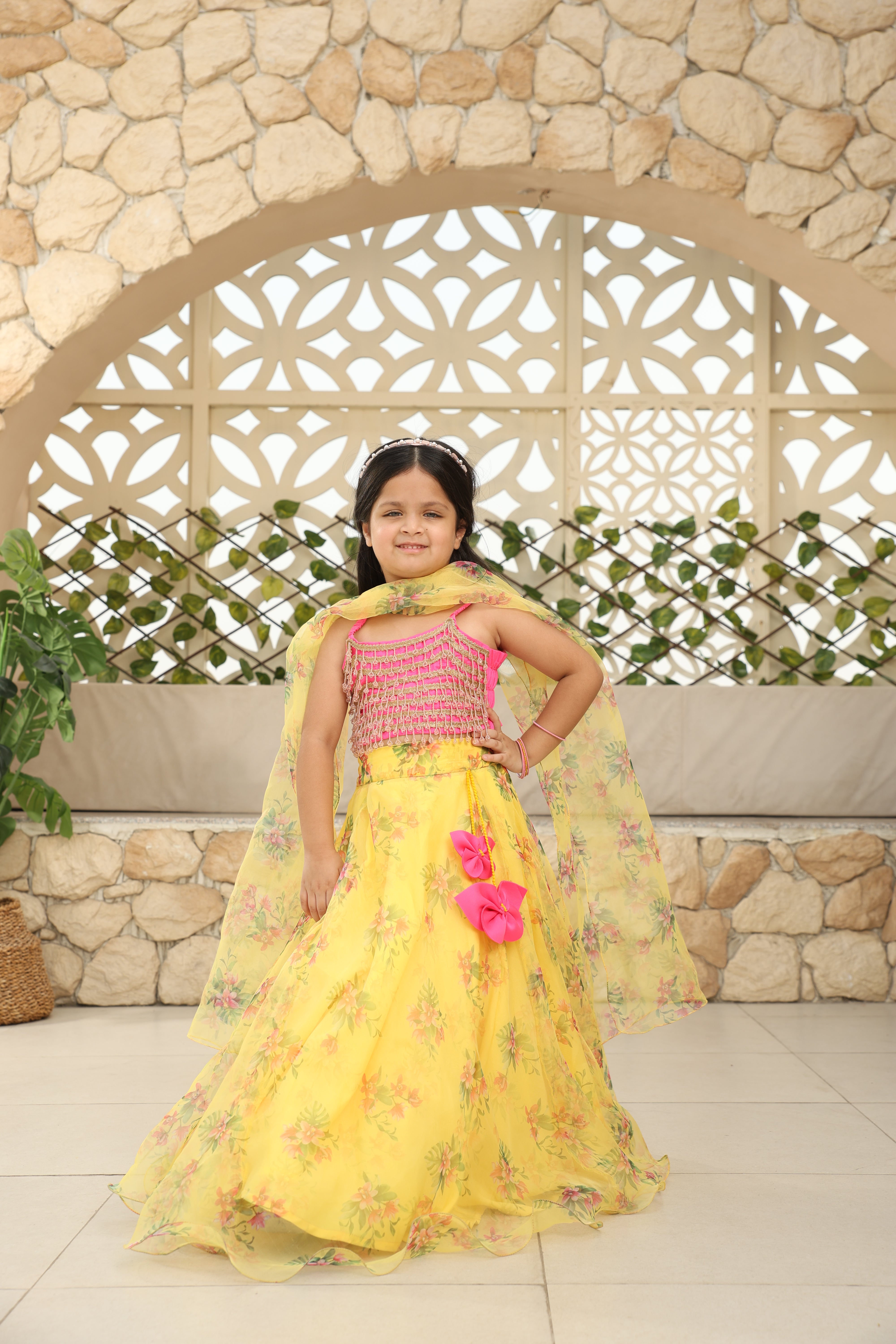 Yellow Tassel Choli with Printed Lehenga
