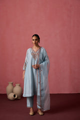 Sky blue chanderi dori work and french knot embroidered kurta paired with organic cotton slip, pant & organza dupatta