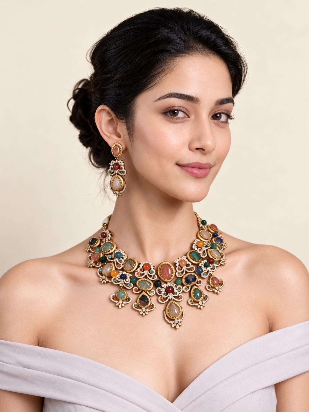 Multicolor Semi-Precious Stone Floral Necklace Set 27