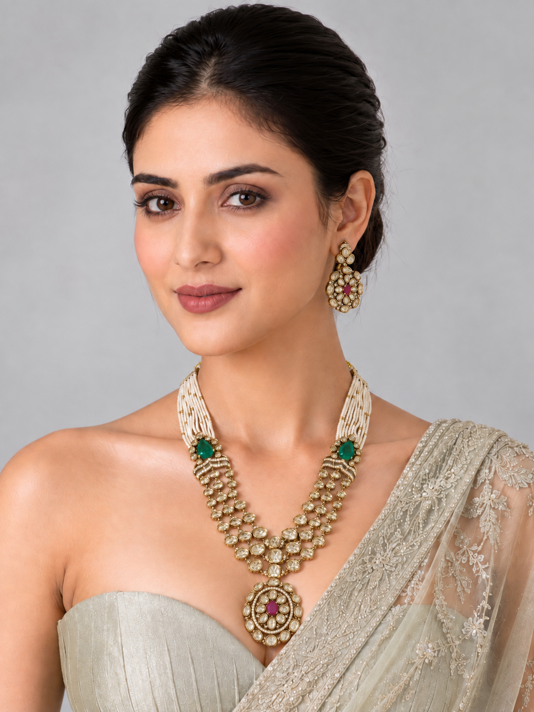 Emerald and Ruby Moissanite Polki Pearl Necklace Set