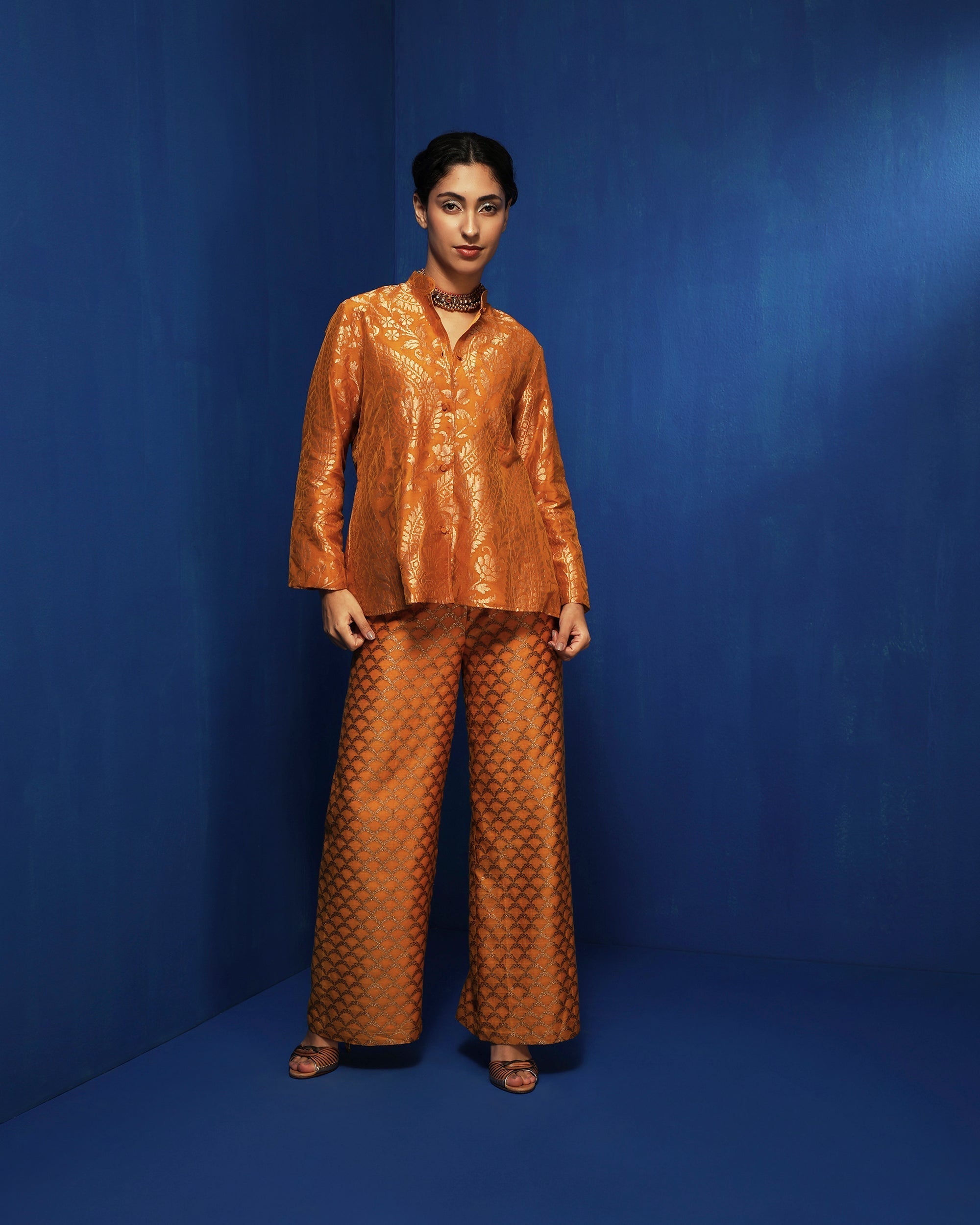 Brocade silk straight pants