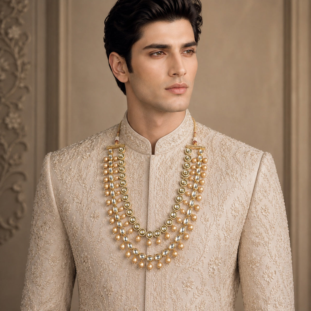 Gold Finish Kundan Polki & Green Beaded Layered mala