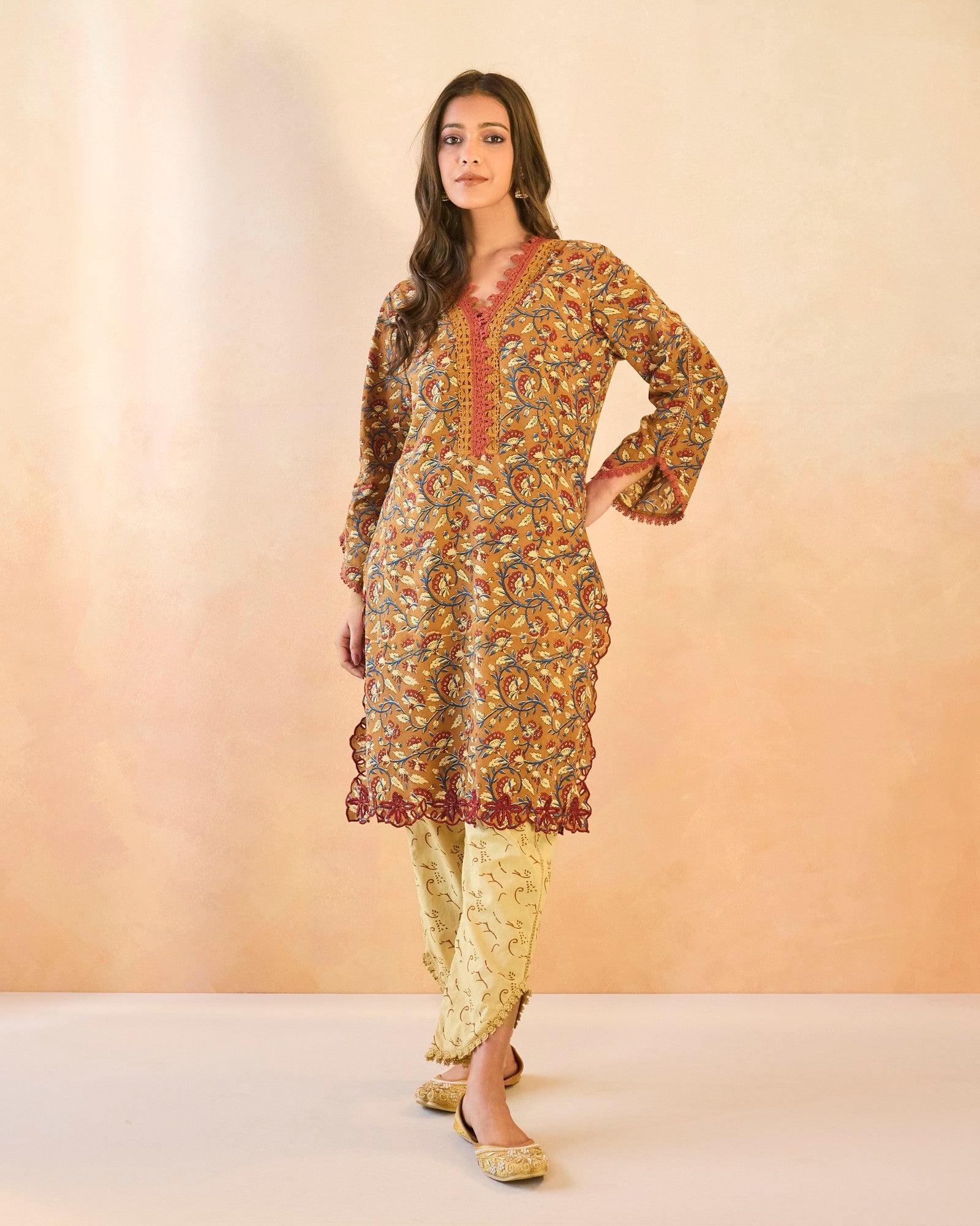 Brown Petal Scallop Cotton Kurta with Tulip Pants
