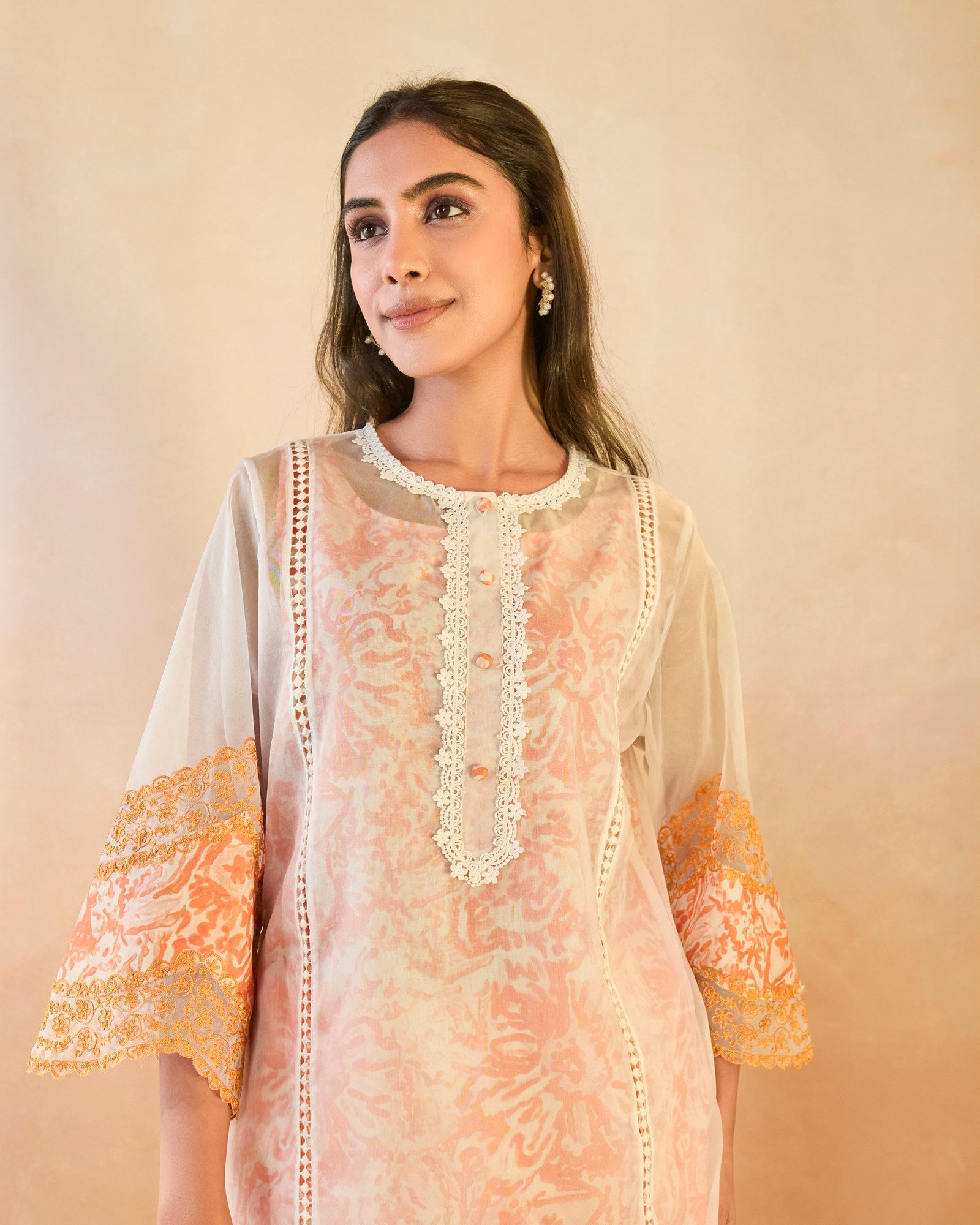 Orange Floral Embroidered Organza Slip Kurta with Narrow Pants