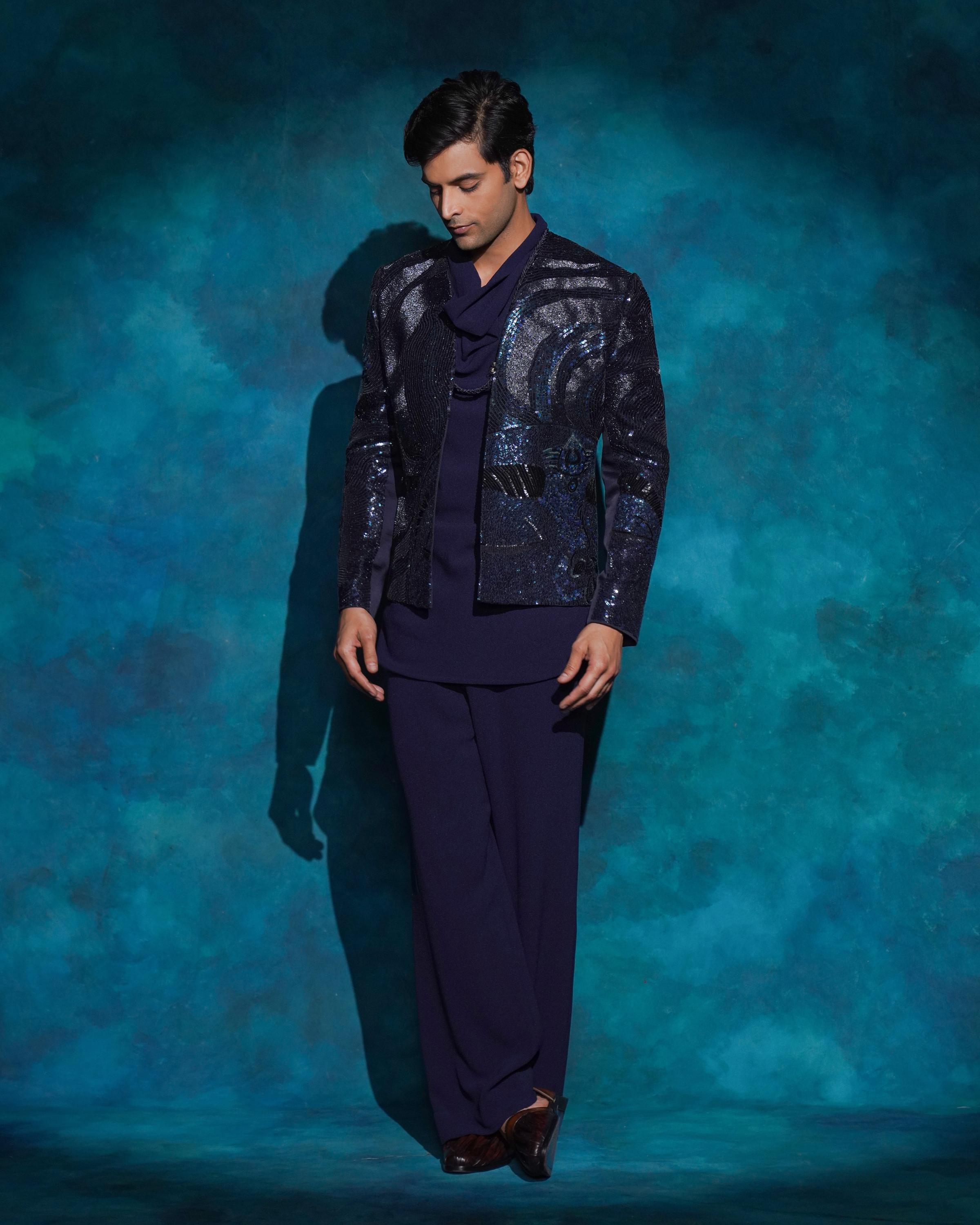 Midnight blue hand embroidered blue sequened short jacket set