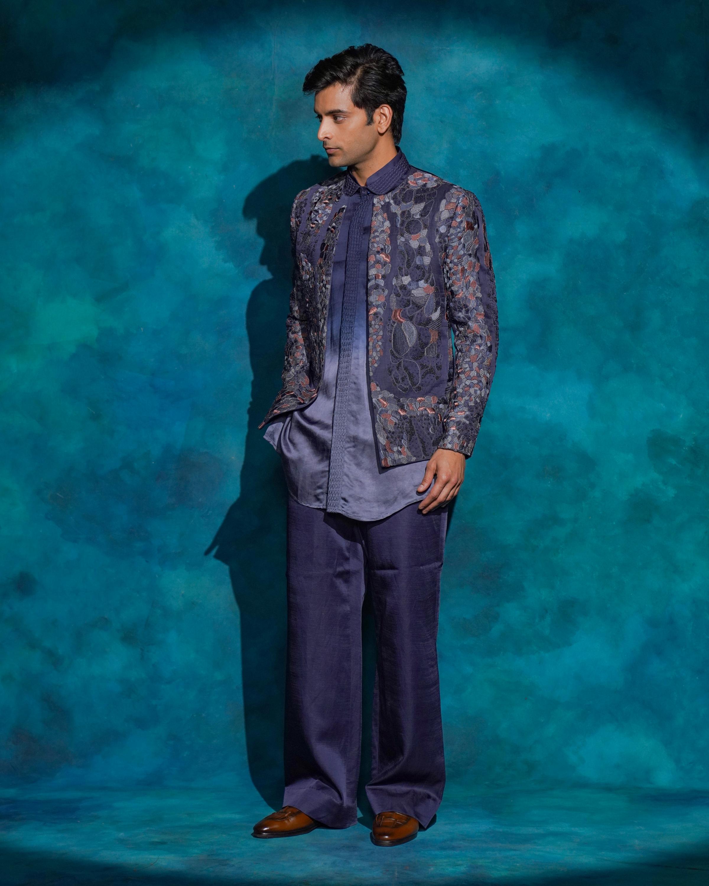 Oceanic Purple hand embroidered short jacket set