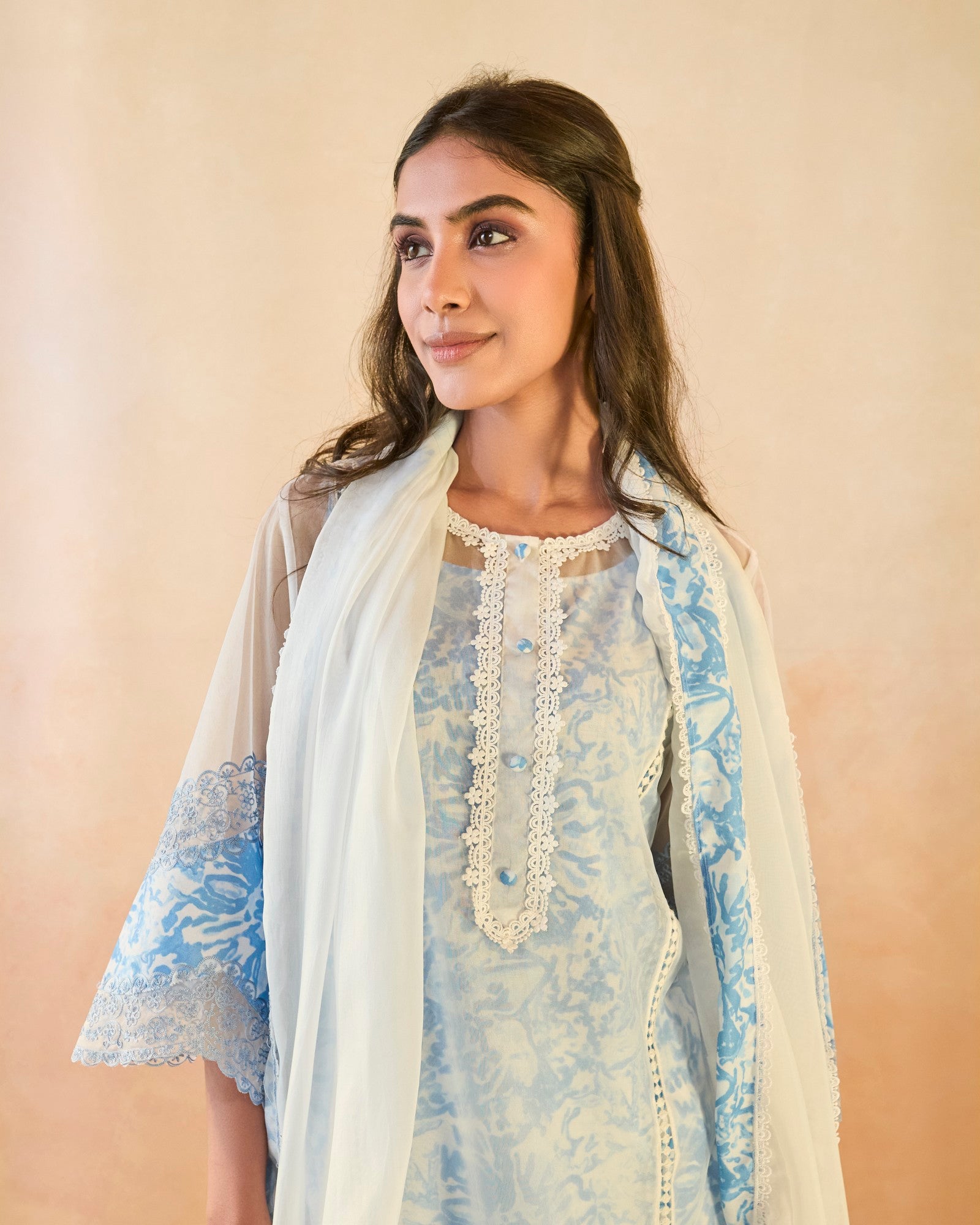 Sky Floral Embroidered Organza Slip Kurta with Narrow Pants
