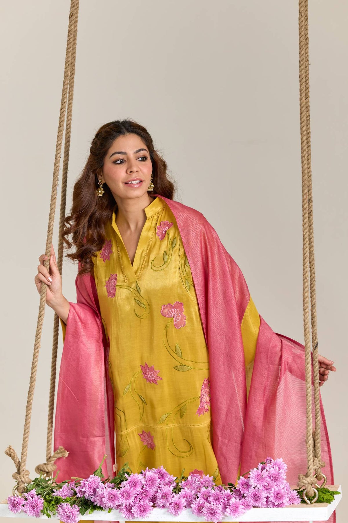 Fuschia Yellow Applique Embroidered Tissue Kurta Set - Set of 2