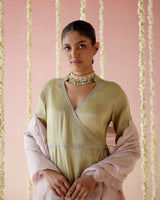 Moss Green Tissue Angarakha with Narrow Pants & Dupatta set  - Set of 3