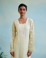 Yellow Petal Kurta in Cotton Dobby with Lace Detaling and Scallop Sleeves