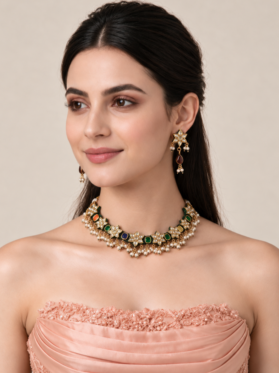 Navratna Kundan Floral Necklace and Earring Set