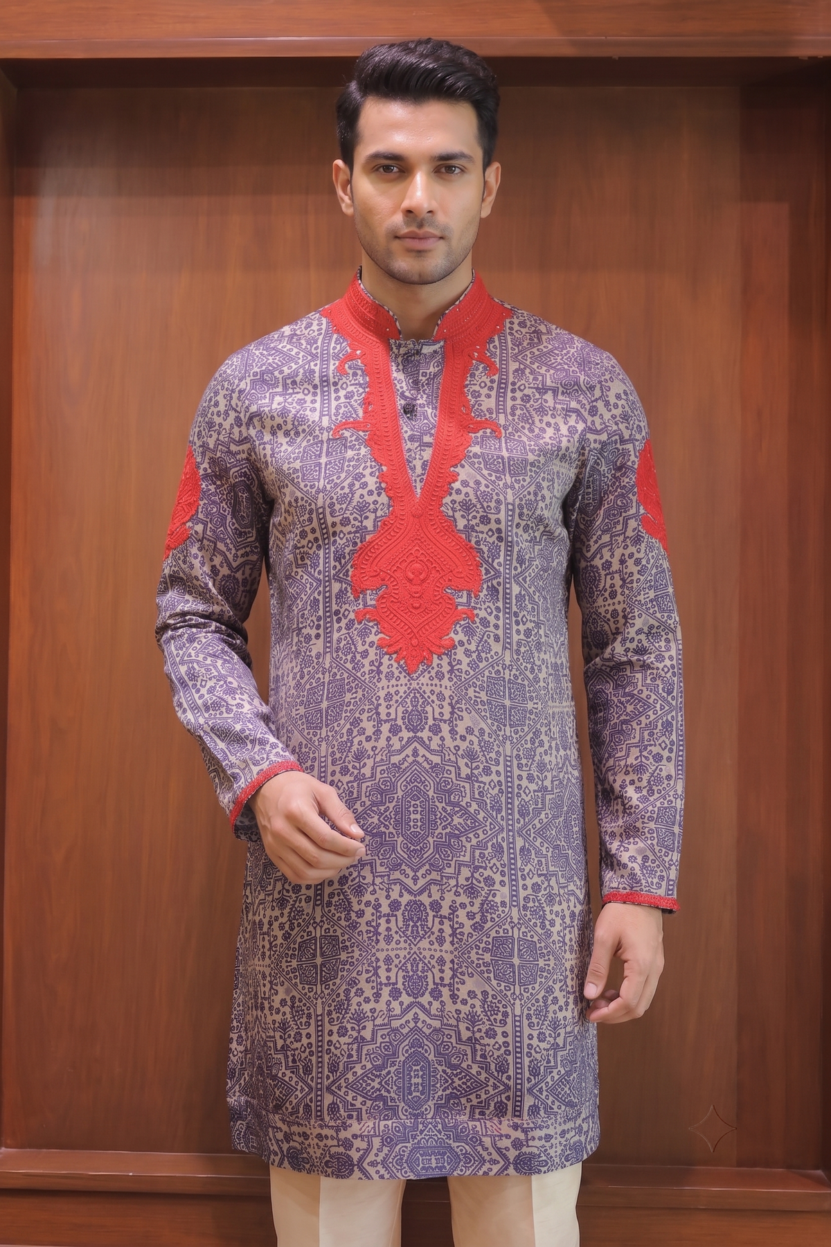 Red & Black Linen Satin Kurta