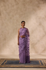 Lilac organza satin flower and beads embroidered saree comes with unstitched & unembroidered blouse fabric in chanderi