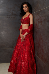 Dark Red Sequins Lehenga Set