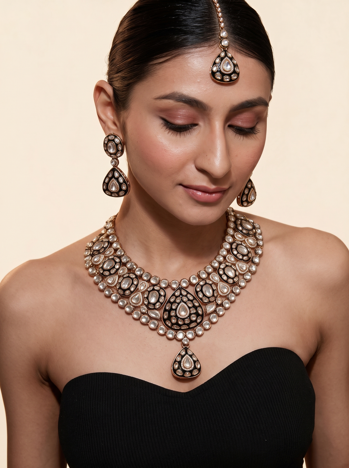 Gold Plated Kundan Polki Necklace Set with Maang Tikka and Earrings