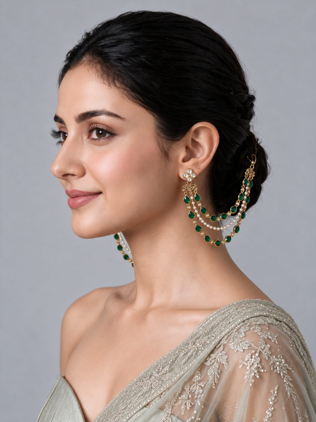 Emerald Pearl Layered earchain 61