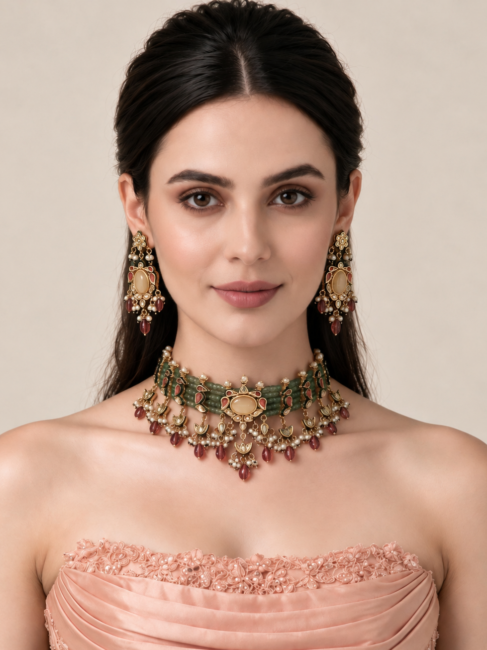 Kundan Beaded Choker with Drop Earrings