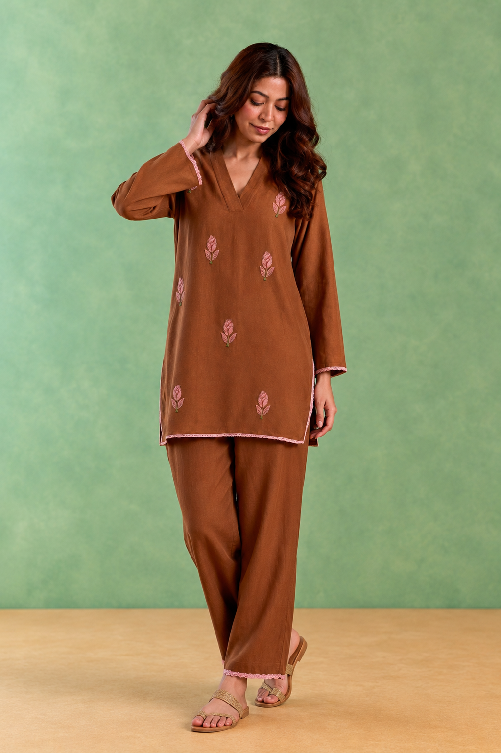 Brown Rose Embroidered Handloom Cotton Co-ord Set