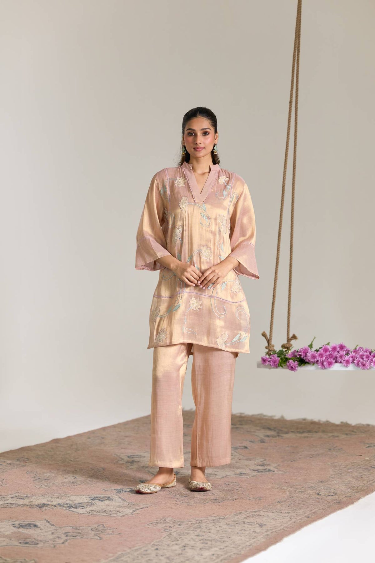 Blush Mint Applique Embroidered Tissue Kurta Set - Set of 2